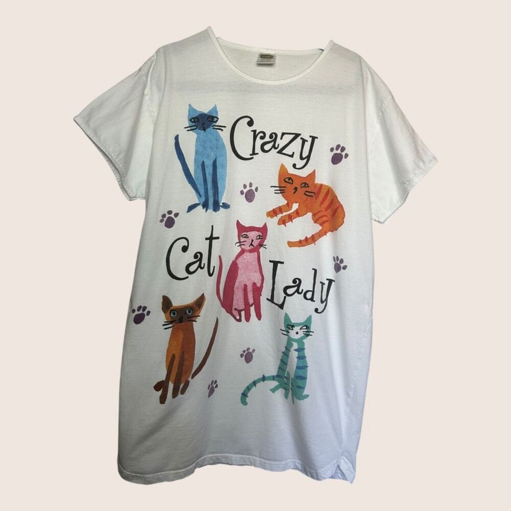 😻 VTG 90s CRAZY CAT LADY NIGHT GOWN SLEEP SHIRT OVERSIZED PJs OSFM 100% COTTON